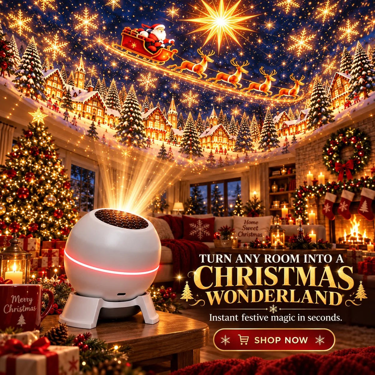 Christmas projection night light and festive room scene