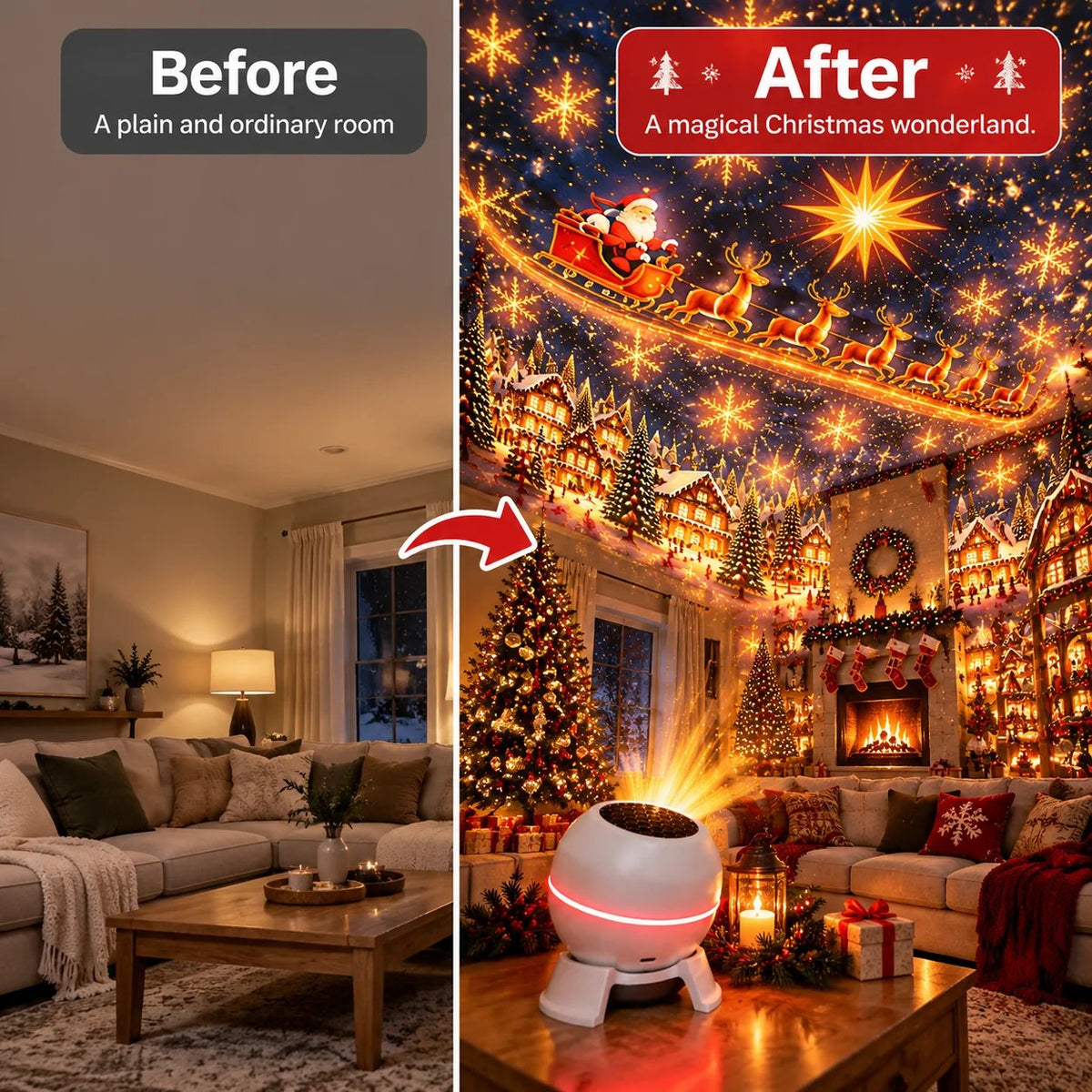 Before and after holiday room projection