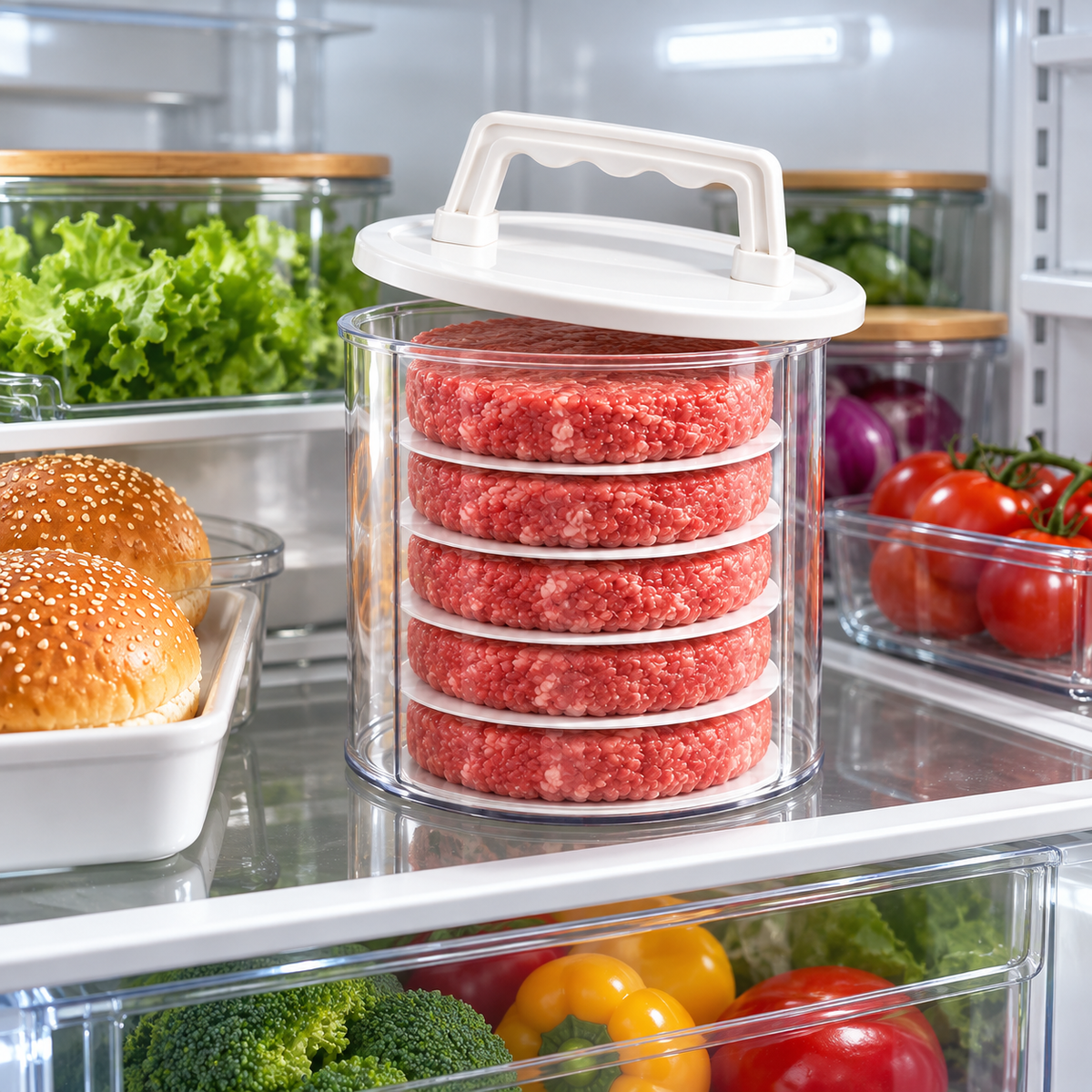 Burger press kitchen and meal preparation scene