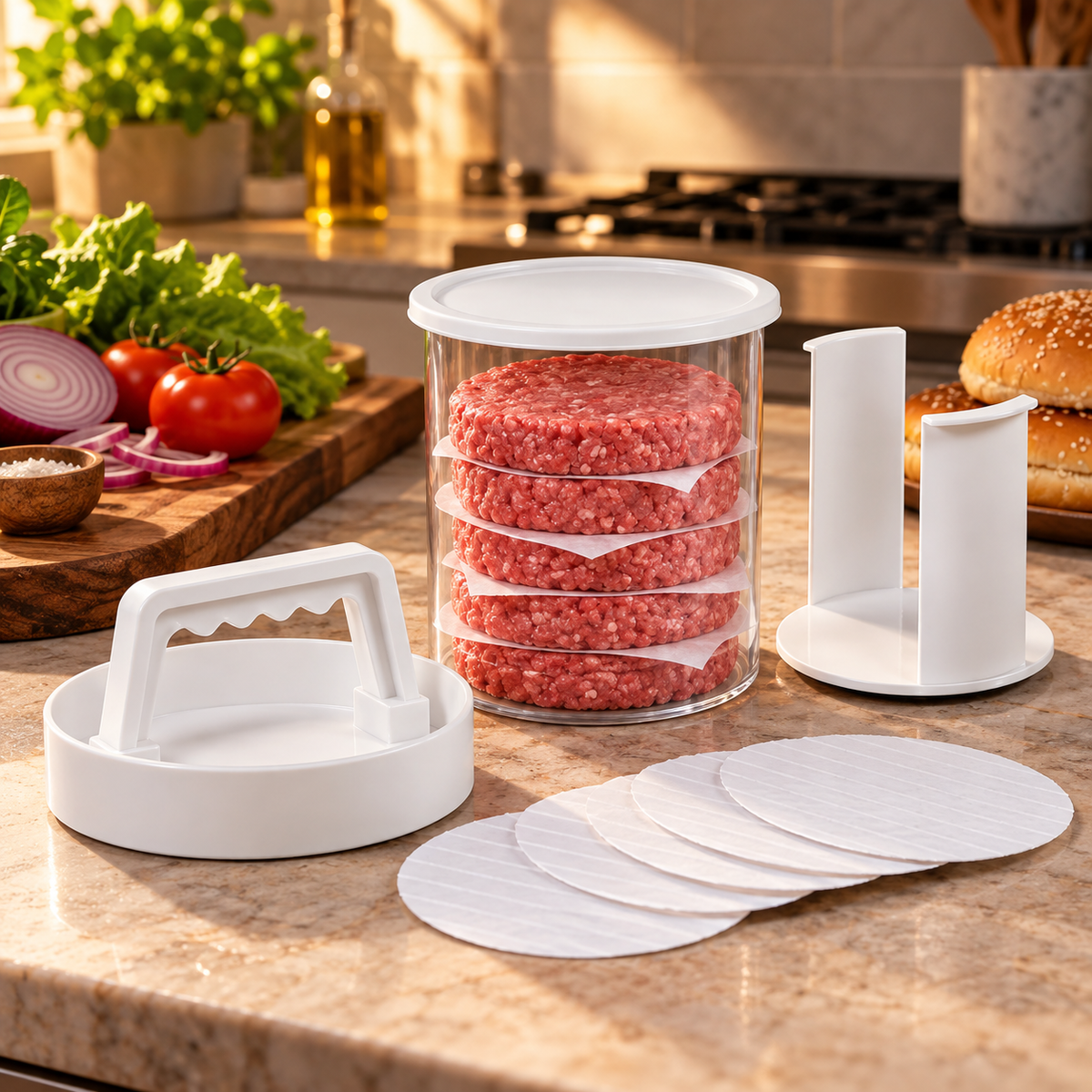 5-in-1 burger press with container, handled press and separating sheets