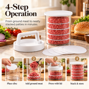 Stacked burger patties in the press container